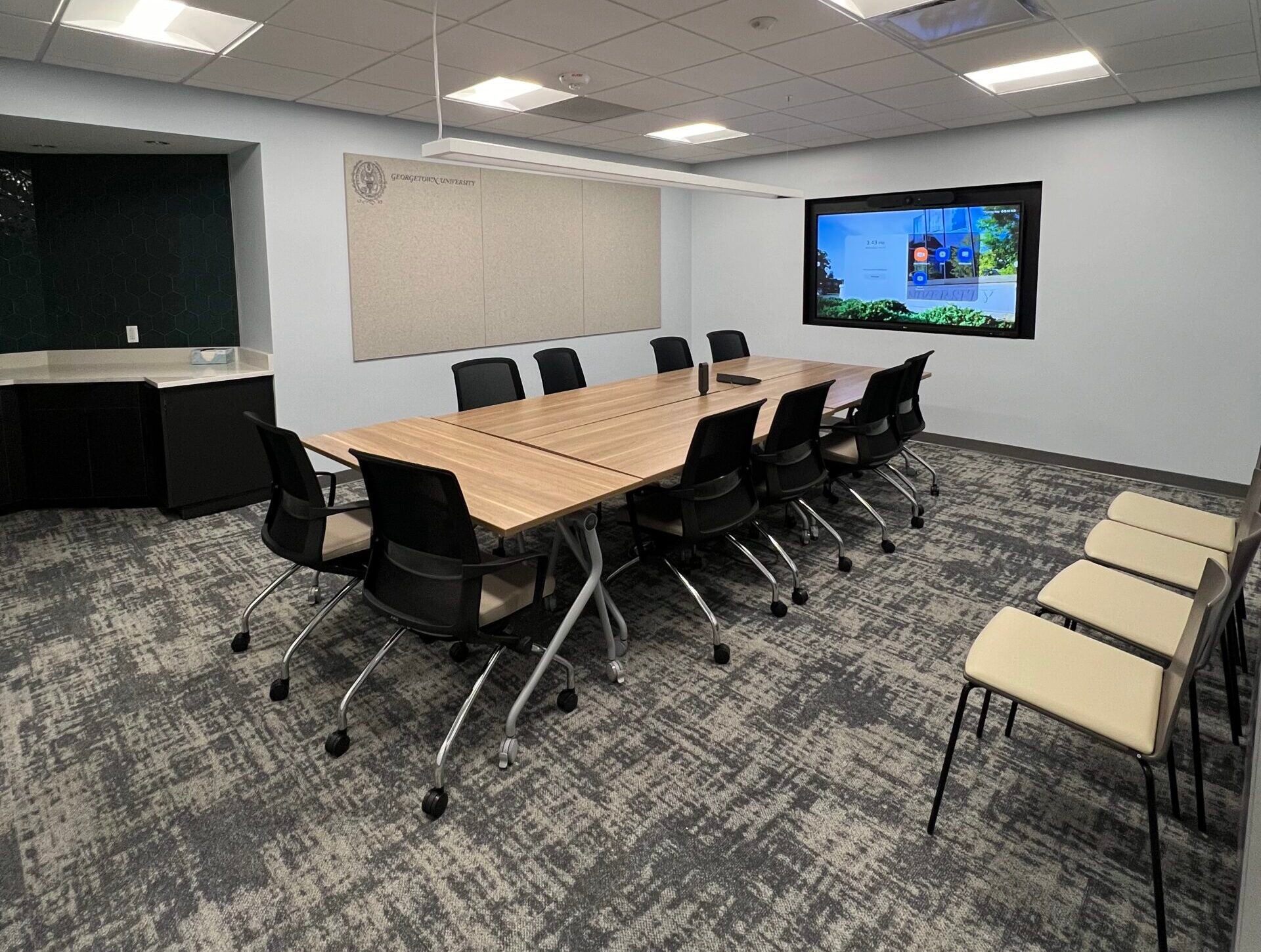 conference room with modular tables and chairs